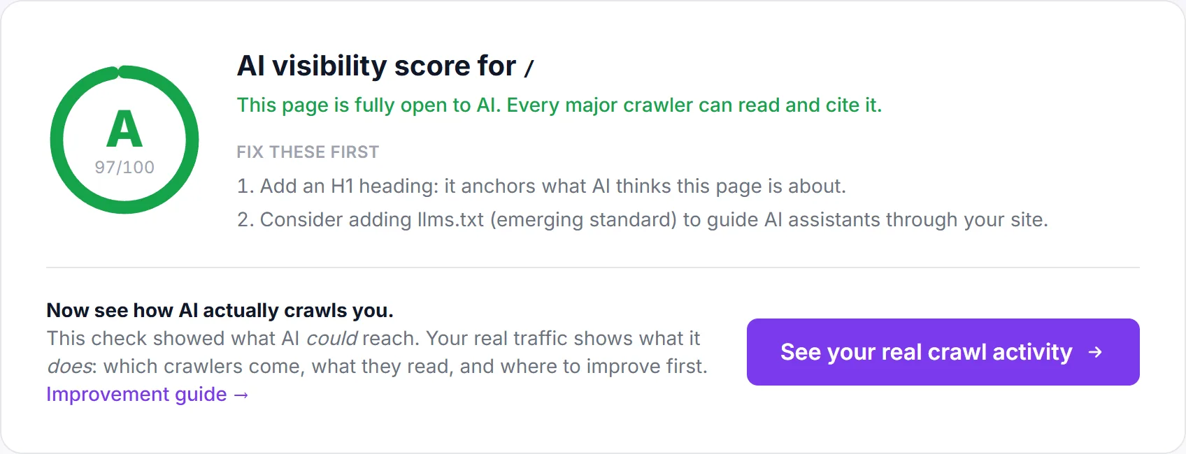 AI visibility checker result showing an A score: page fully open to AI crawlers